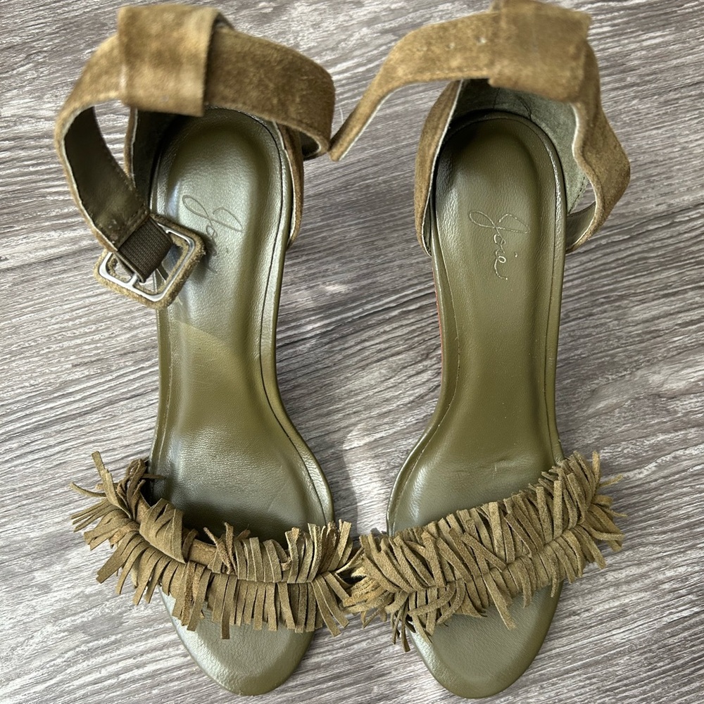 Joie Olive Suede Fringe Ankle-Strap Heels
